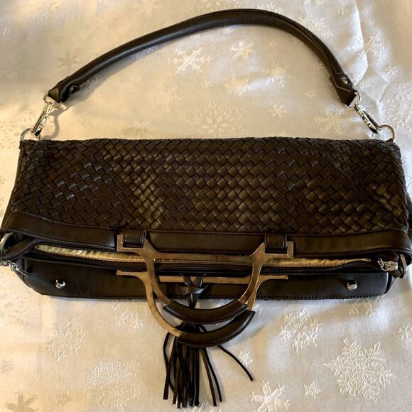 JM Convertible Handbag 3 Ways to Wear Brown Woven Vegan Leather Gorgeous - Picture 2 of 14
